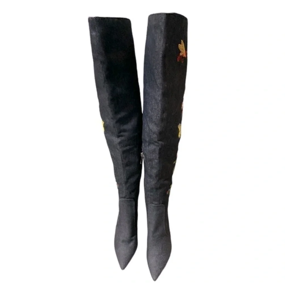 Vintage Denim Over the Knee Slouchy Boot Embroidered Butterflies Point Toe Size7